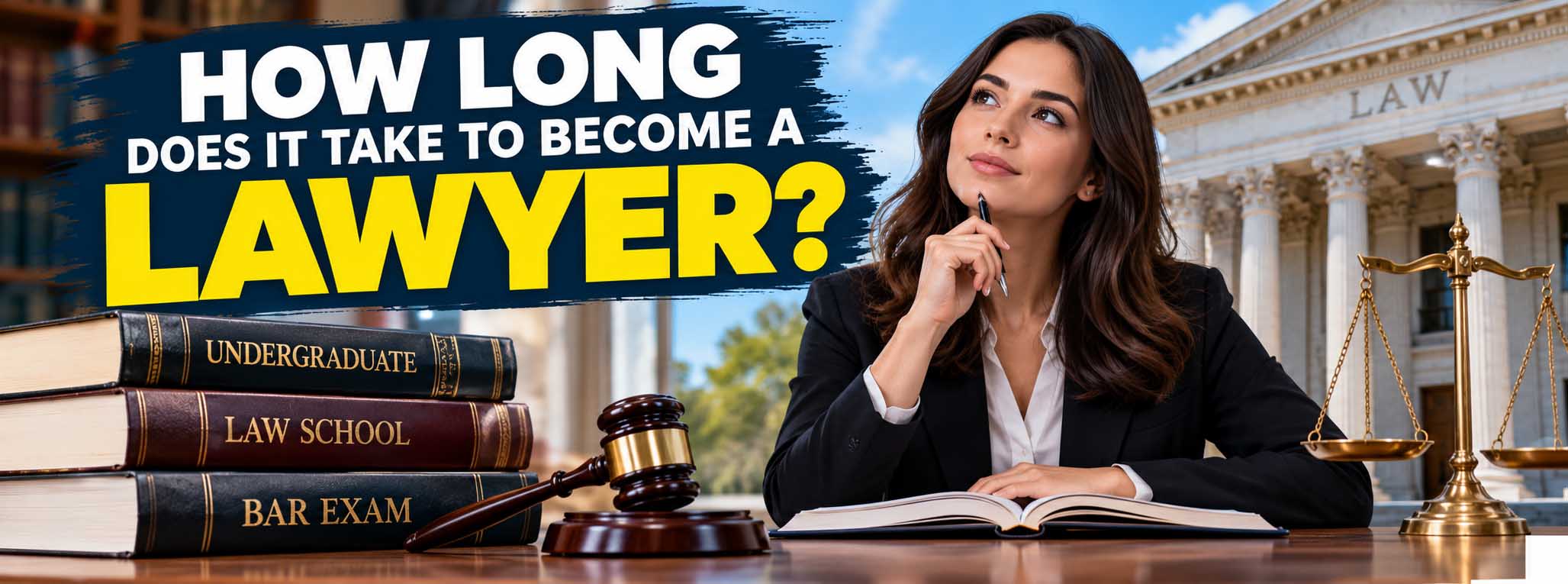 How long does it take to become a lawyer showing a law student studying legal textbooks in a university library.